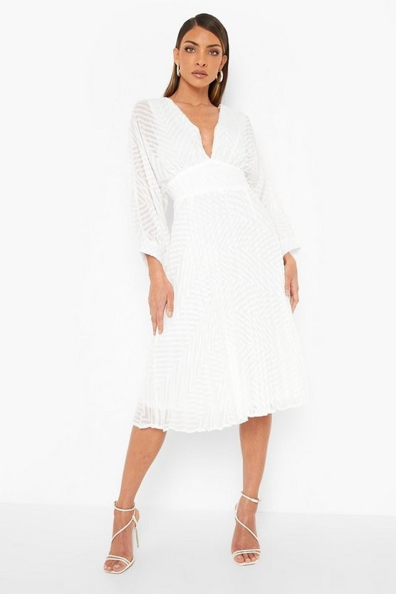 Dobby Mesh Pleated Balloon Sleeve Midi Dress | Boohoo.com (US & CA)