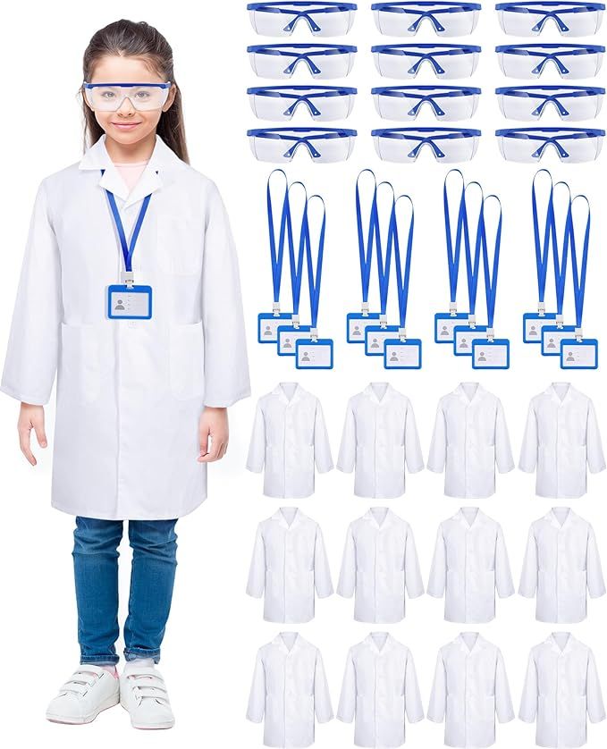 Xtinmee 12 Sets 36 Pcs Kids Lab Coat Set Halloween Doctor Costume with Goggles ID Card Science De... | Amazon (US)