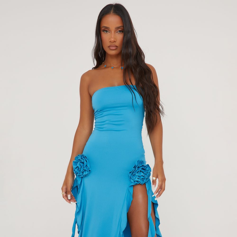 Bandeau Frill Rose Maxi Mesh Dress In Blue | EGO (UK)