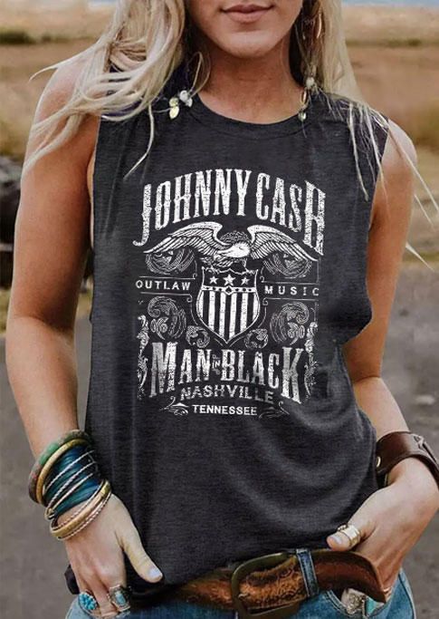 Johnny Cash Man In Black O-Neck Tank - Dark Grey - Bellelily | Bellelily