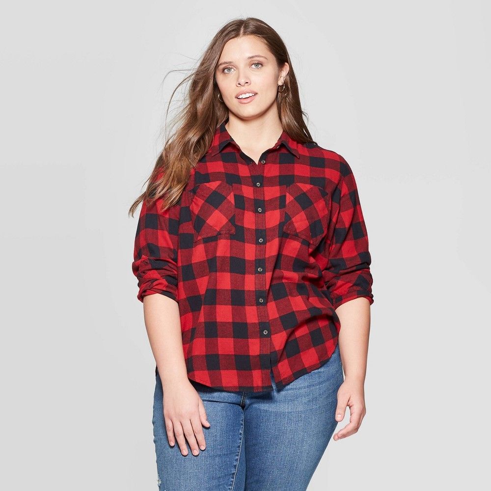 Women's Plus Size Plaid Long Sleeve Collared Flannel Top - Universal Thread Red X | Target