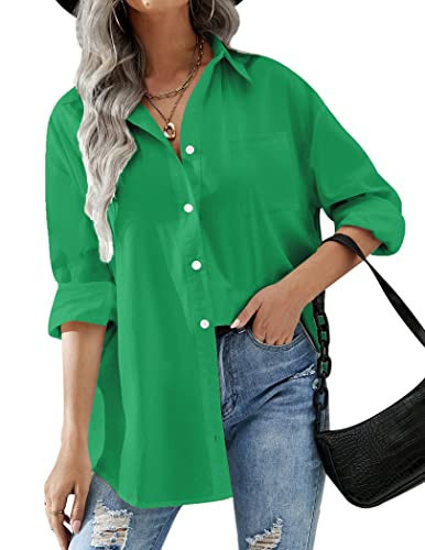 HOTOUCH Womens Green Button Down Shirts Boyfriend Long Sleeve Oversized Collar Shirt Soft Office Blouses with Pockets M | Amazon (US)