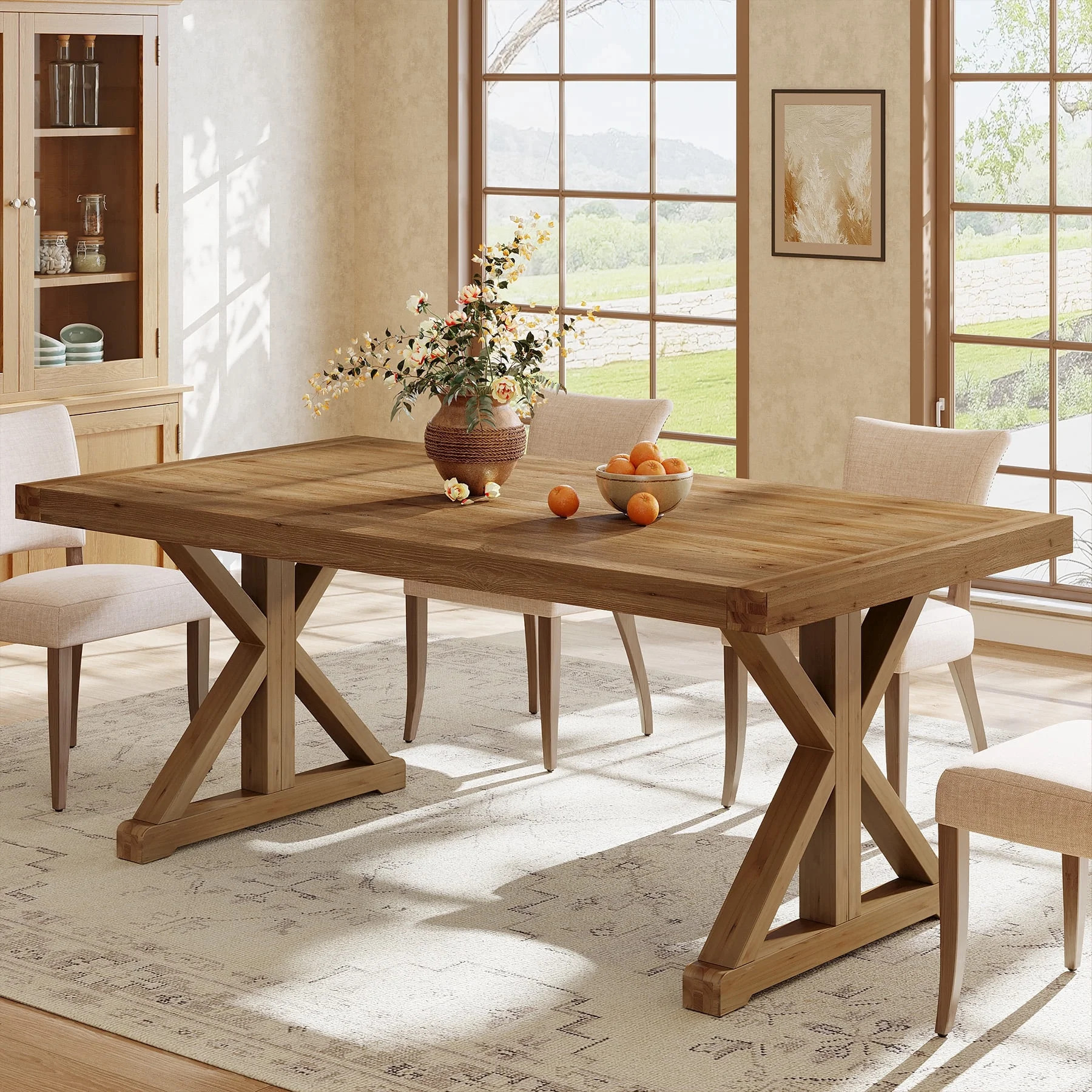 Finmind Solid Wood Dining Table for 4-6, Farmhouse Wood Long Rectangle Kitchen Table, Dark Brown | Walmart (US)