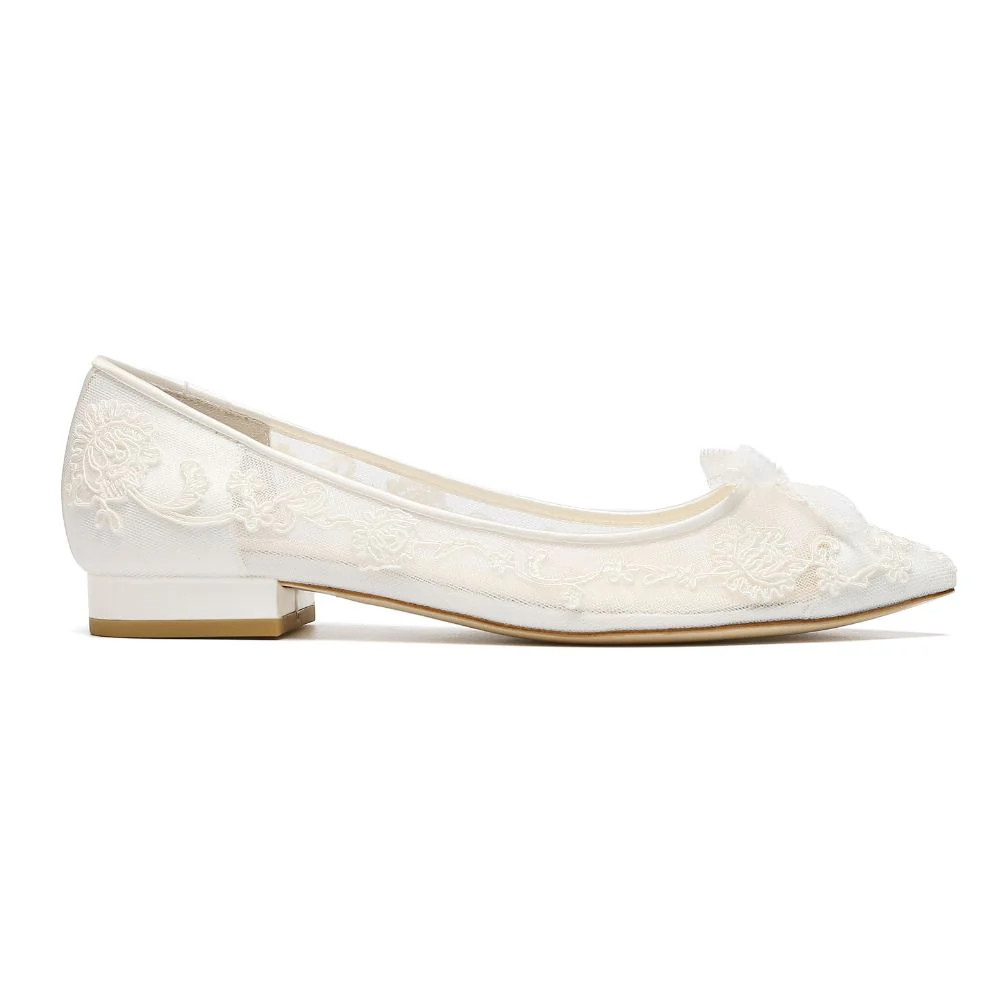 Floral Appliqué Ivory Lace Wedding Flats with Petite Picot Ribbon Bow | Bella Belle Shoes