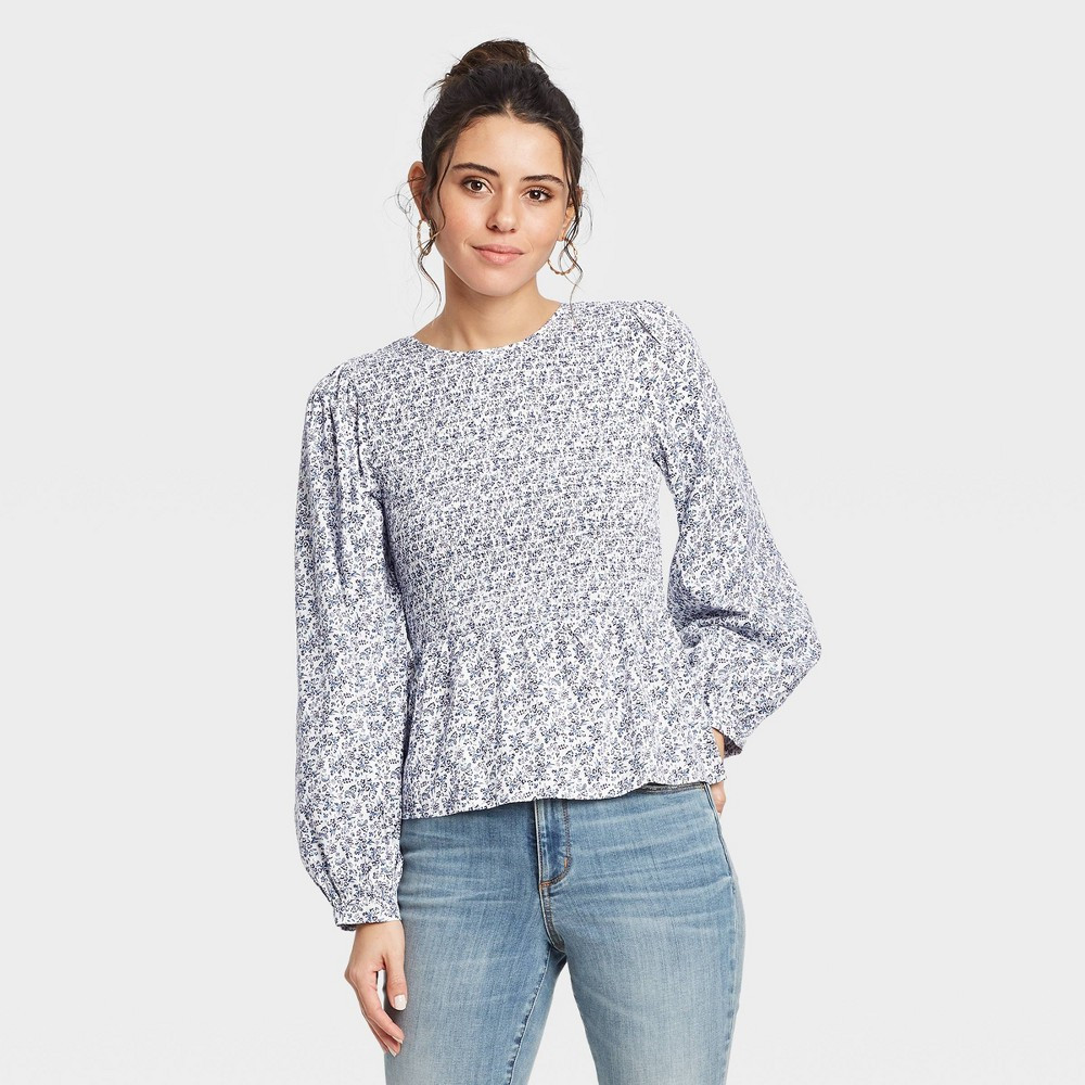 Women's Puff 3/4 Sleeve Smocked Blouse - Universal Thread Navy Floral XXL, Blue | Target
