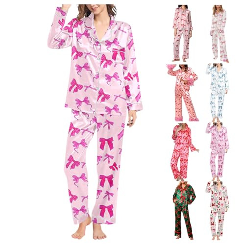 Valentines Pajamas For Women,Bow Pajamas,Valentines Pajamas For Women Heart Pajamas Cute Y2k Satin Silk Long Sleeve Button Down Shirt Sleepwear Loungewear,Valentines Day 001Hot Pink,XXL | Amazon (US)