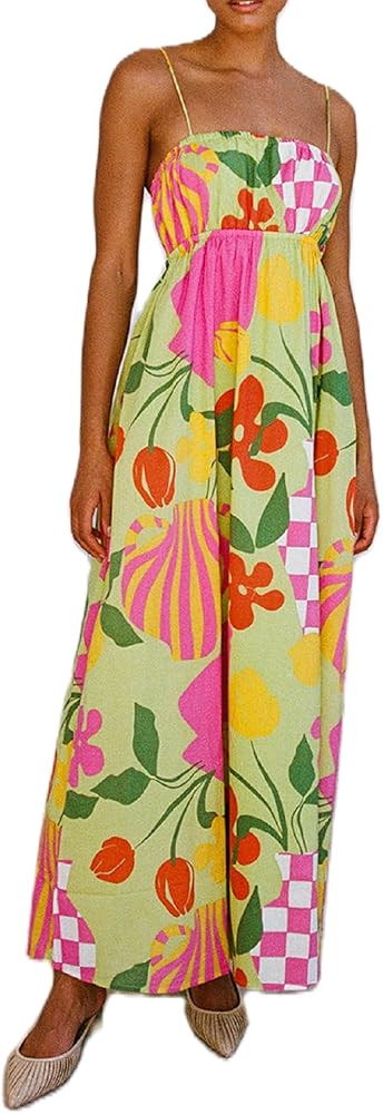 Women Floral Boho Maxi Dress Graphic Spaghetti Strap Long Dress Tiered Flowy Cami Dress Backless ... | Amazon (US)