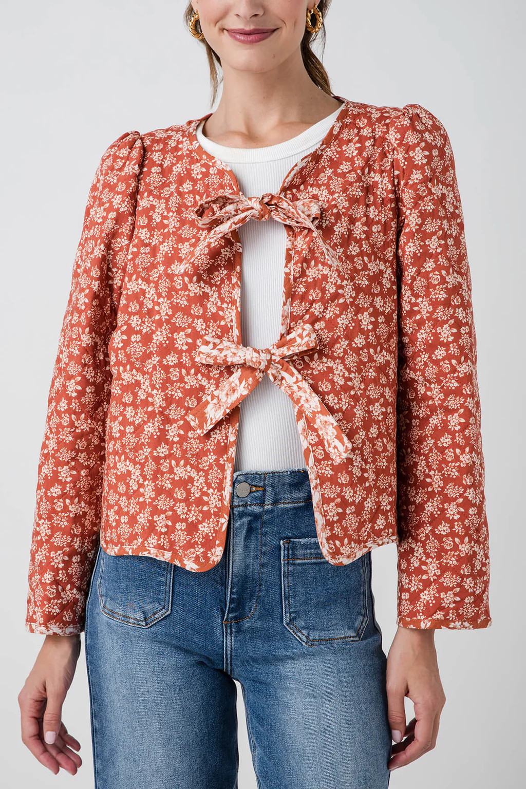 Listicle Ditzy Floral Print Front Bow Tie Quilt Jacket | Social Threads