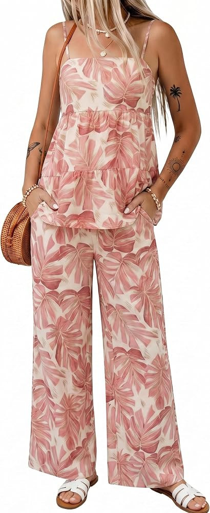 Glamaker Womens Summer 2 Piece Sets Floral Spaghetti Tank Top Wide Leg Pants Travel Beach Vacatio... | Amazon (US)