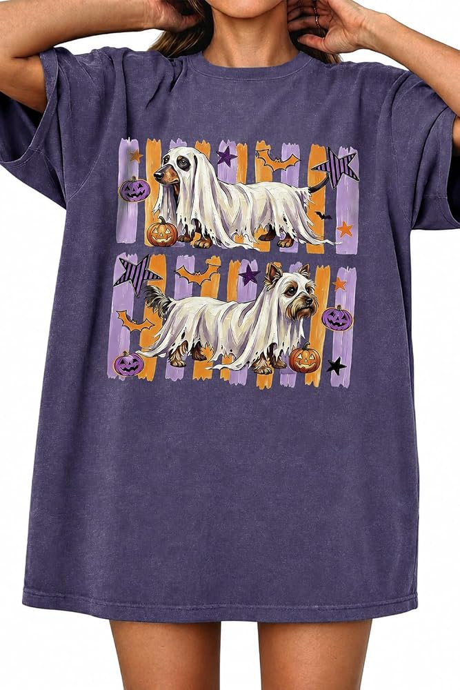 Halloween Shirts for Women Skeleton Pumpkin Rib Cage Washed Graphic Tee | Amazon (US)