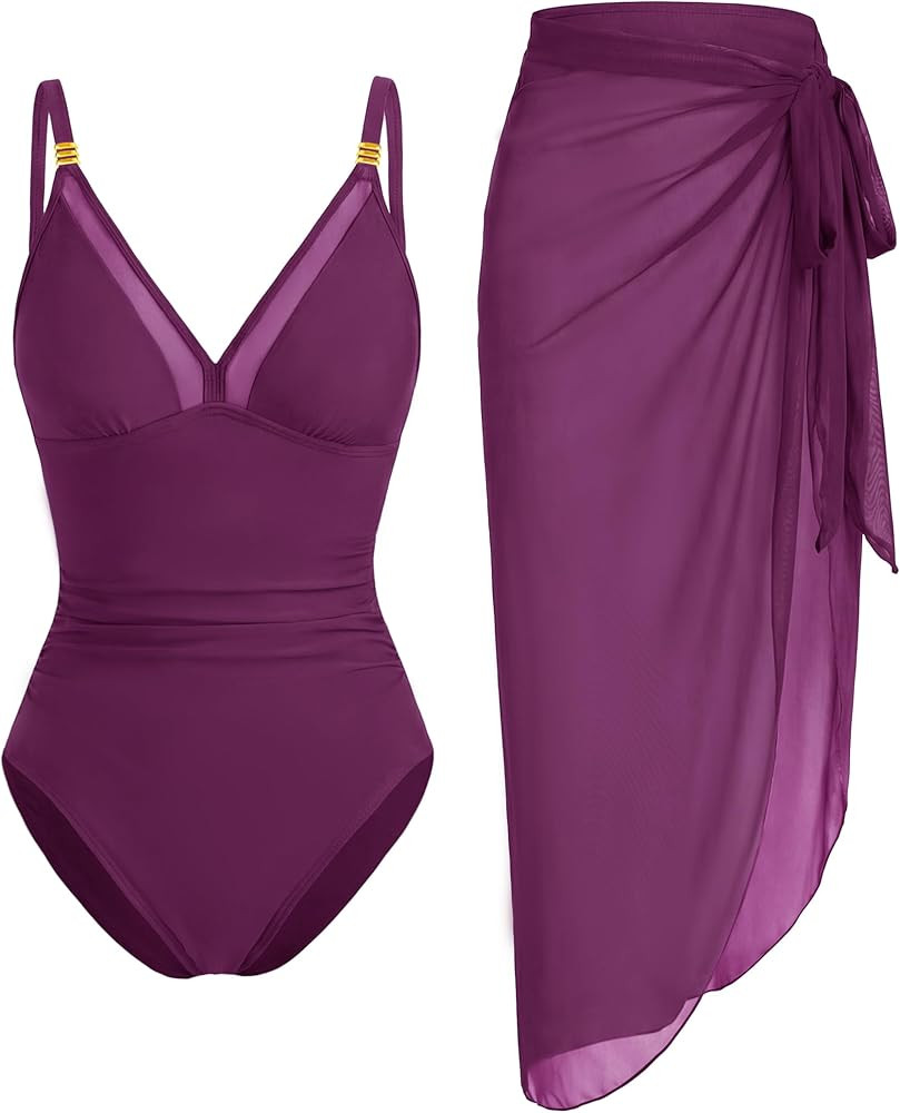 Blooming Jelly Women's One Piece Swimsuit with Sarong Cover Up Tummy Control V Neck Bathing Suit ... | Amazon (US)