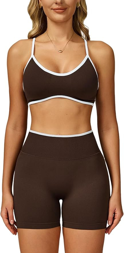 Two Piece Women Workout Sets Color Block Sports Bra and Scrunch Butt Lifting Shorts Gym Yoga Acti... | Amazon (US)