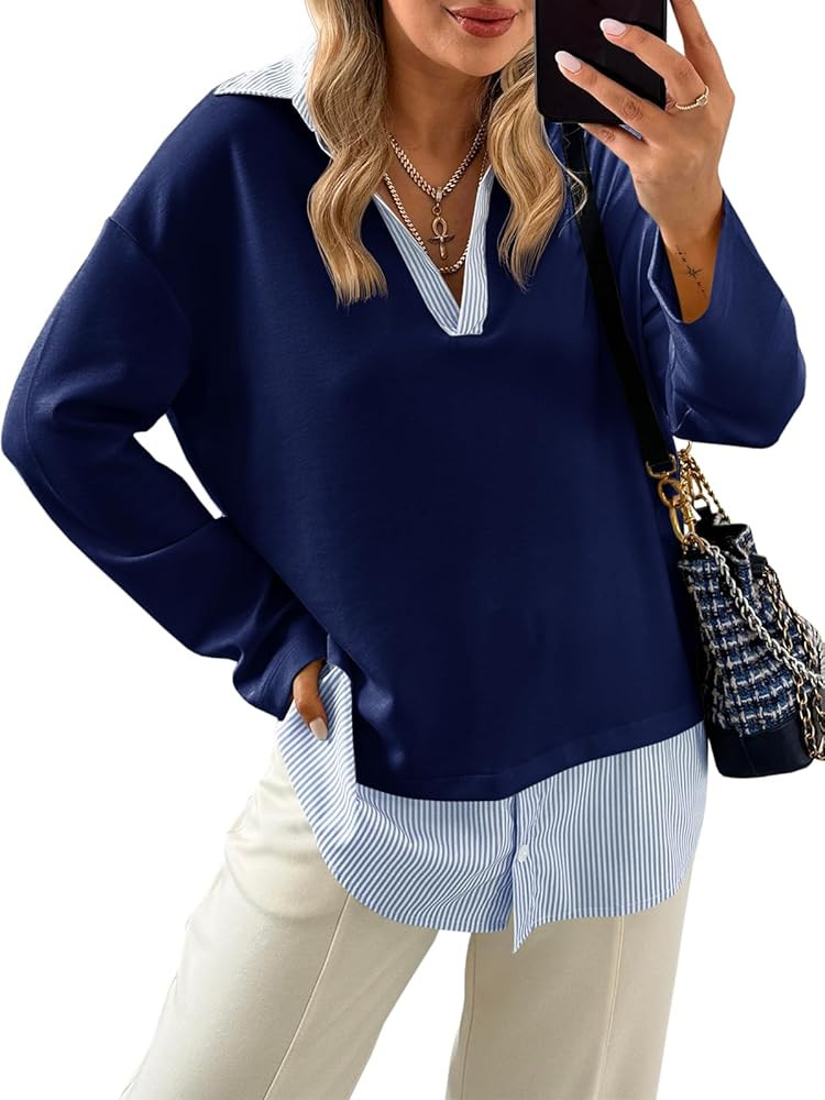 Tankaneo Womens Long Sleeve Polo Shirts Striped Patchwork Collared V Neck Sweatshirts Casual Loos... | Amazon (US)