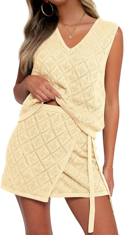 Fisoew Womens 2 Piece Crochet Swimsuit Cover Ups Sleeveless V Neck Tank Tops Wrap Skirt Sets Beac... | Amazon (US)