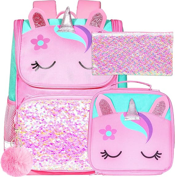 KLFVB 3PCS Backpack for Girls and Boys, 15" Unicorn Dinosaur Bookbag with Lunch Box, Kids Prescho... | Amazon (US)