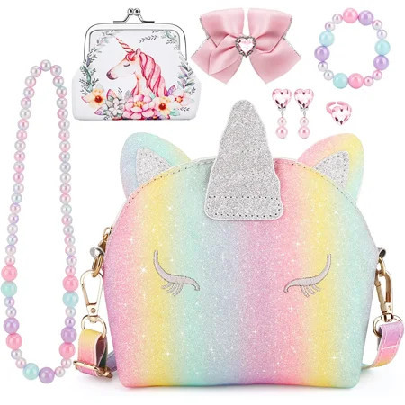 JYPS Unicorn Purse for Girls, 7Pcs Cute Crossbody Bags with Dress Up Jewelry Set Pretend Play Accessories | Walmart (US)