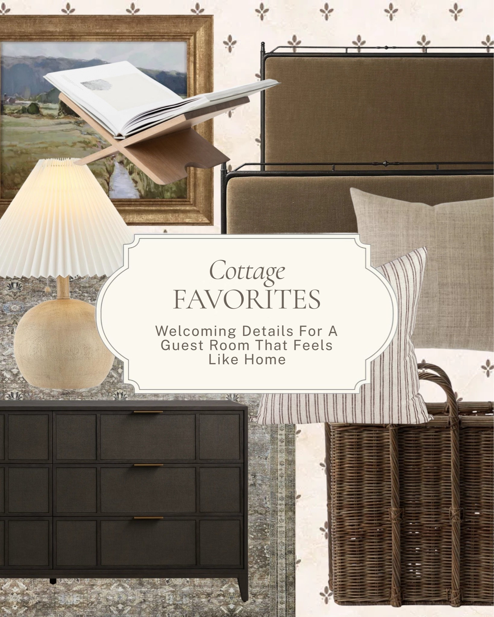 Welcoming details for a guest room that feels like home. A dark upholstered bed, a striped pillow layered over linen, a paneled dresser with brass hardware, and a woven basket for extra blankets, the kind of room that makes guests actually want to stay a little longer.

All linked here 🤍 #LTKhome