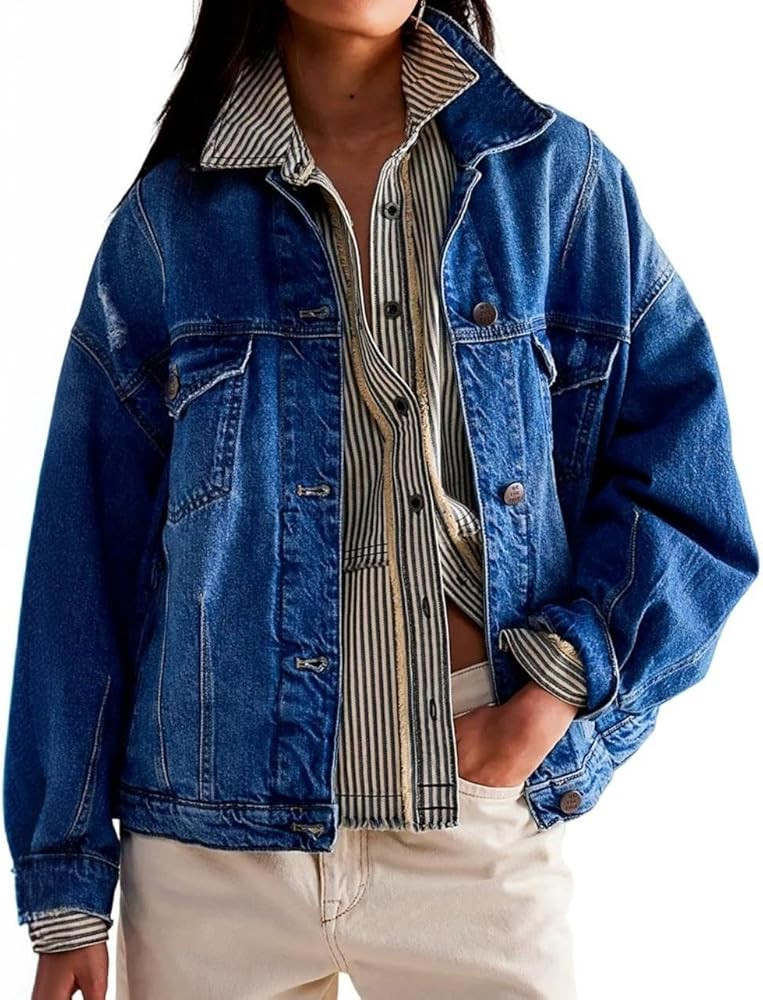 LifeShe Women's Oversized Denim Jacket Boyfriend Ripped Distressed Jean Jackets Casual Long Sleev... | Amazon (US)