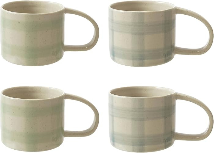 Creative Co-Op Stoneware Grid Pattern Mug Set, Cream and Green, Set of 4 | Amazon (US)