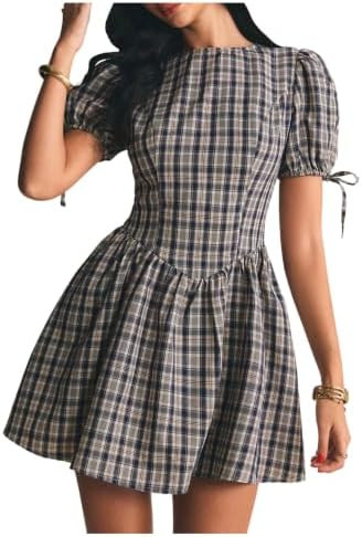 Floerns Women's Gingham Short Puff Sleeve Crew Neck Mini A Line Dress | Amazon (US)