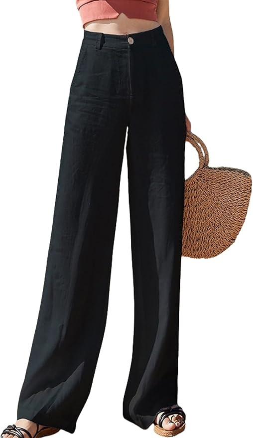 Hooever Womens Casual High Waisted Wide Leg Pants Button Up Straight Leg Trousers | Amazon (US)