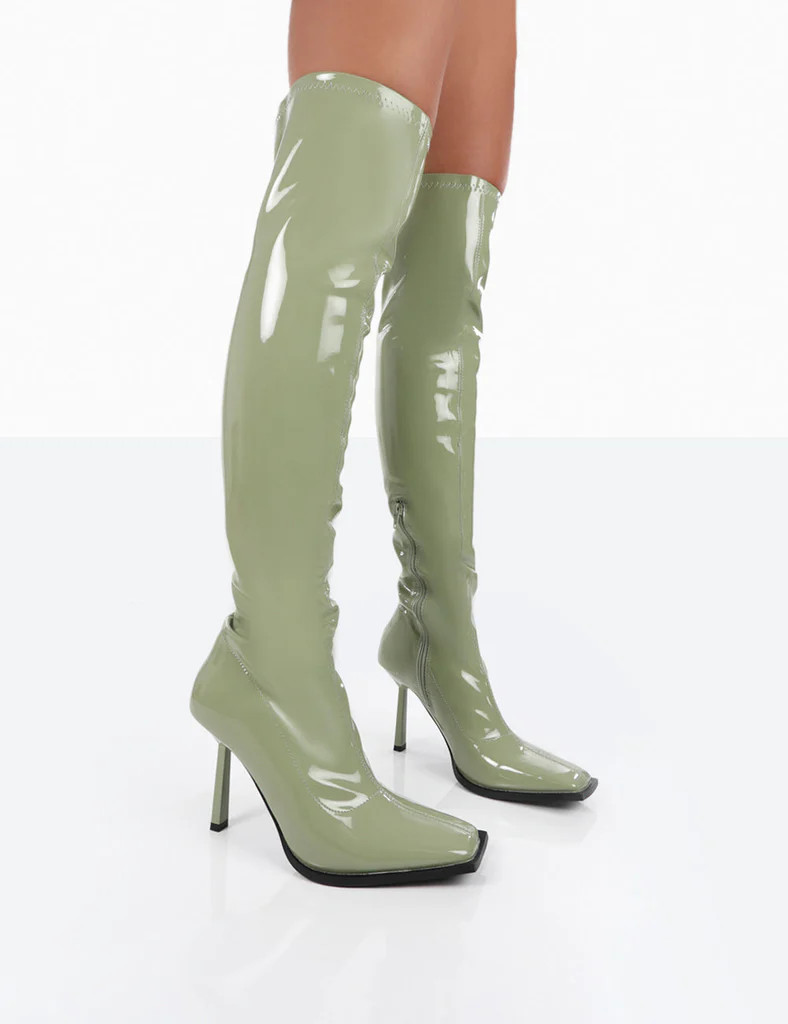 Jenine Green Patent Over The Knee Stiletto Heeled Boots | Public Desire (US & CA)