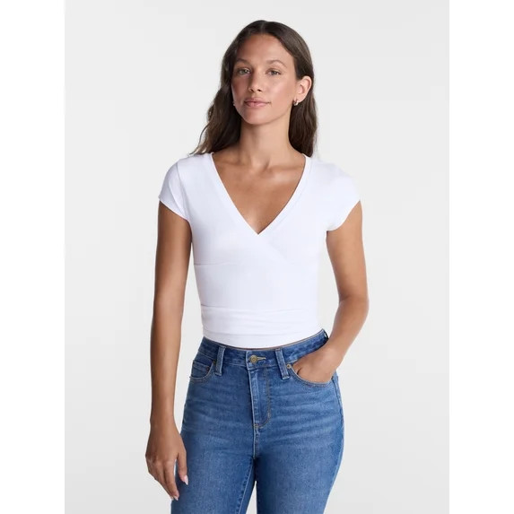 No Boundaries Surplice Top with Cap Sleeves, Women’s XXS-XXL | Walmart (US)