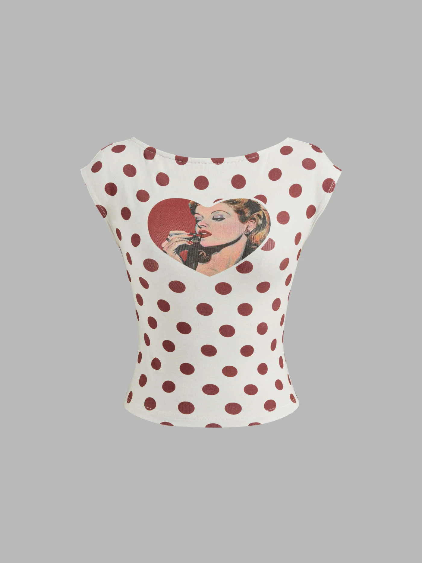 Cotton-blend Boat Neck Polka Dot Heart Figure Graphic Backless Tee | Cider