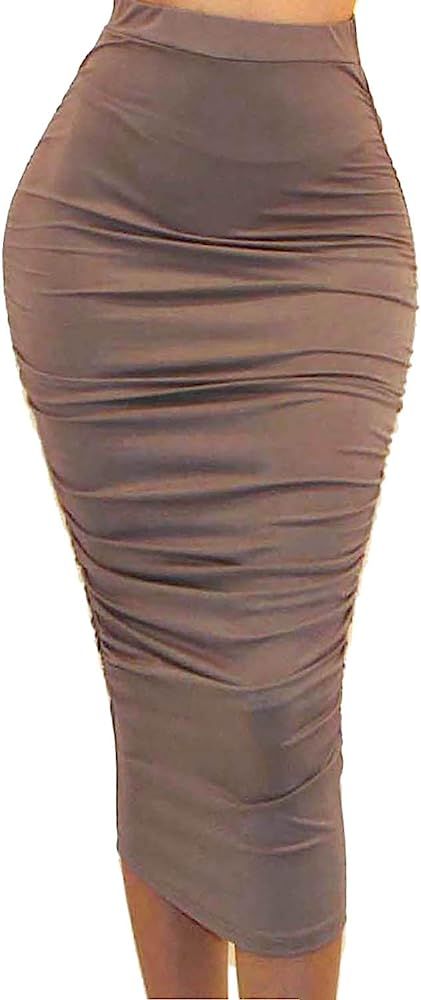 Women's USA Ruched Frill Ruffle High Waist Pencil Mid-Calf Skirt | Amazon (US)