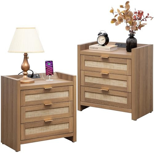 SICOTAS Rattan Night Stand Set of 2 - Tall Nightstands with Type-C Charging Station, 3 Rattan Storage Drawers, Larger Nightstand Boho Bedside Table End Table for Bedroom Sofa Couch Office - Oak | Amazon (US)