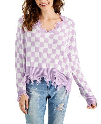 Juniors' Checkered-Print Destructed Sweater | Macys (US)
