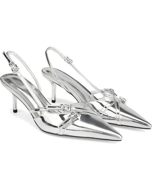 Heeled Slingback Kitten Heels for Women Closed Pointed Toe Pumps with Buckles | Amazon (US)