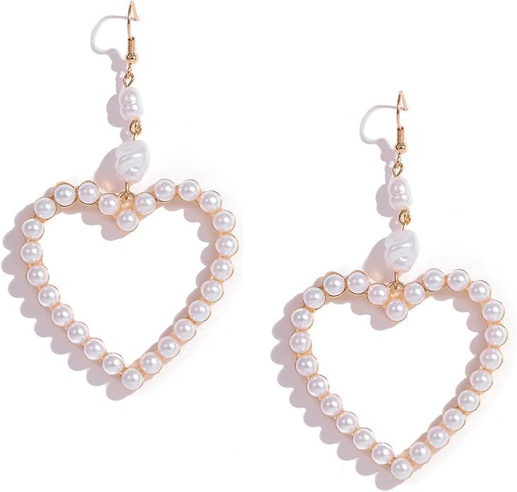 Heart Earrings for Women Dangling Pearl Heart Earrings Dangle Silver Sparkle Heart Dangle Earring... | Amazon (US)