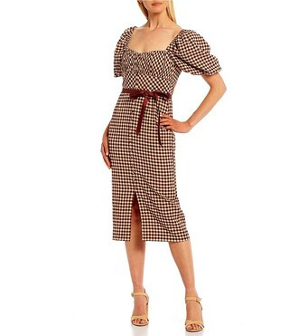 Antonio Melani Donna Plaid Print Square Neck Short Puff Sleeve Front Slit Midi Dress | Dillard's | Dillard's