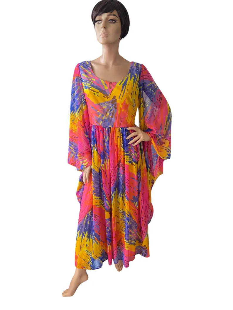 Vintage 70s rainbow mademoiselle flared sleeve maxi dress (vintage 16) | Etsy (Global)