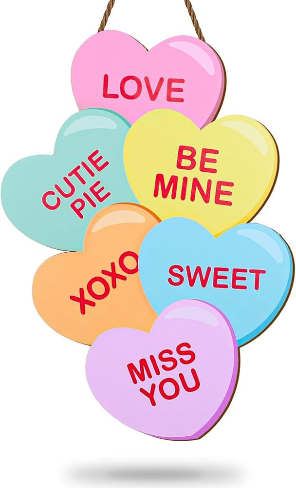Valentine's Day Conversation Heart Wooden Hanging Sign Candy Heart Welcome Wood Sign Heart Shape ... | Amazon (US)