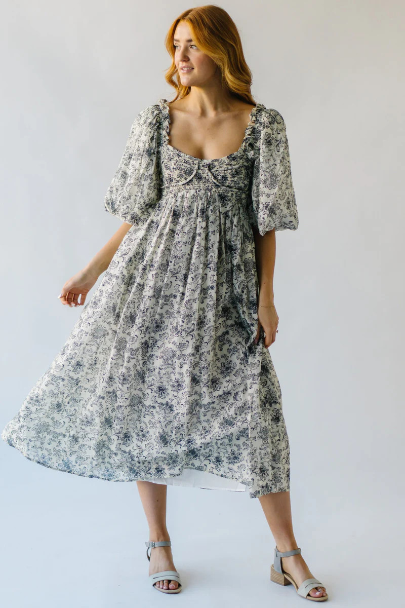 The Styron Puff Sleeve Midi Dress in Black Floral | Piper & Scoot