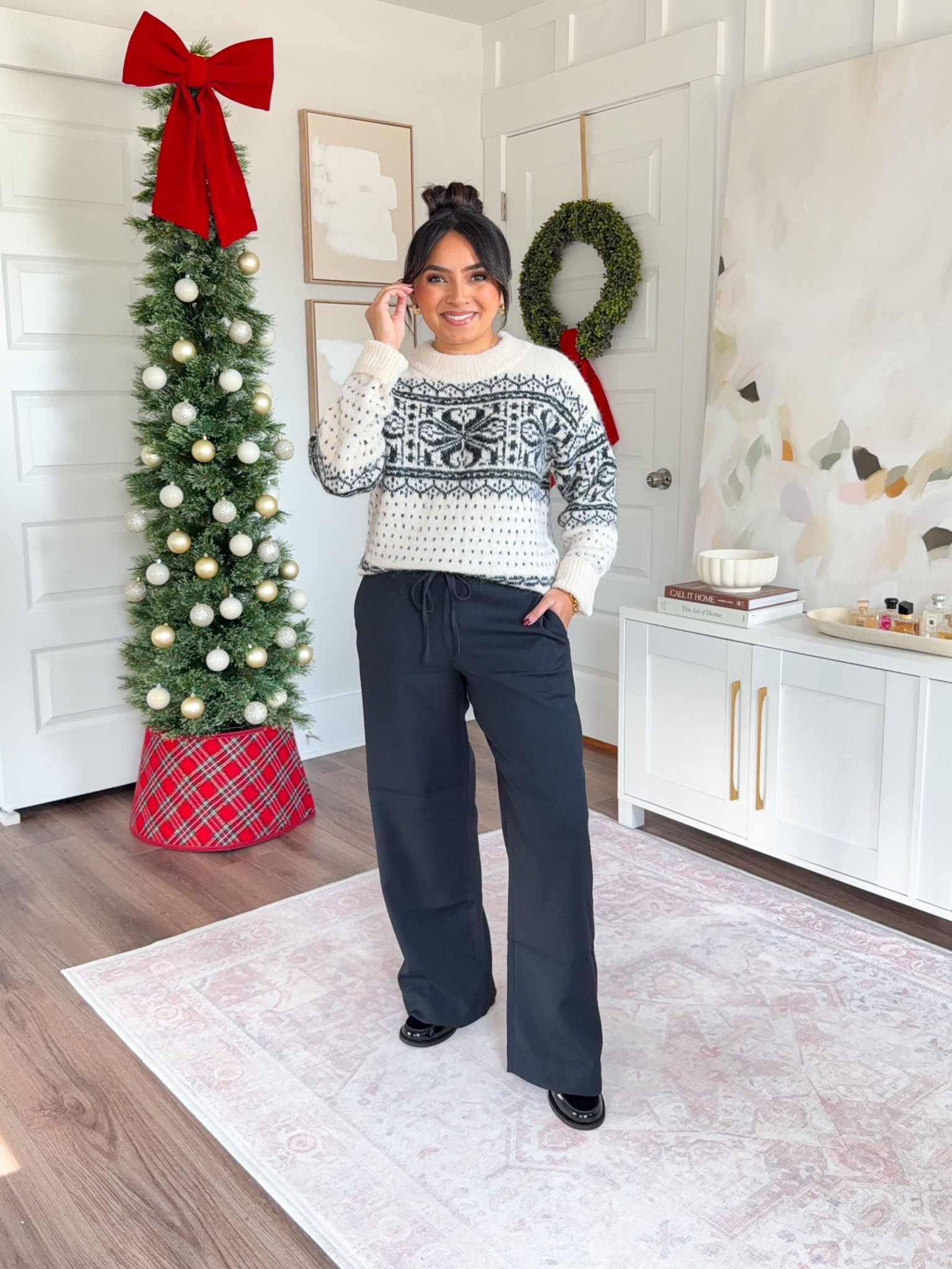 Cream sweater size xs TTS
Black drawstring pant size xs short TTS
Black loafers size 5 TTS

#LTKFindsUnder50 #LTKPetite #LTKSaleAlert