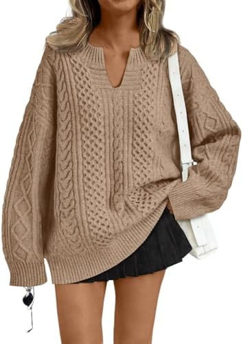 Trendy Queen V Neck Oversized Cable Knit Sweaters for Women Trendy 2025 Fall Fashion Outfits Clot... | Amazon (US)