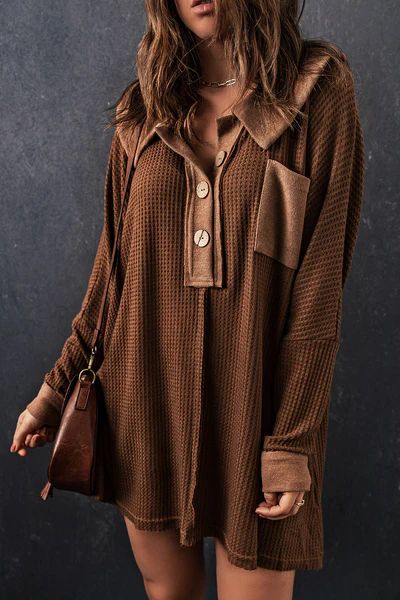 Waffle Knit Buttoned Long Sleeve Top | Evaless