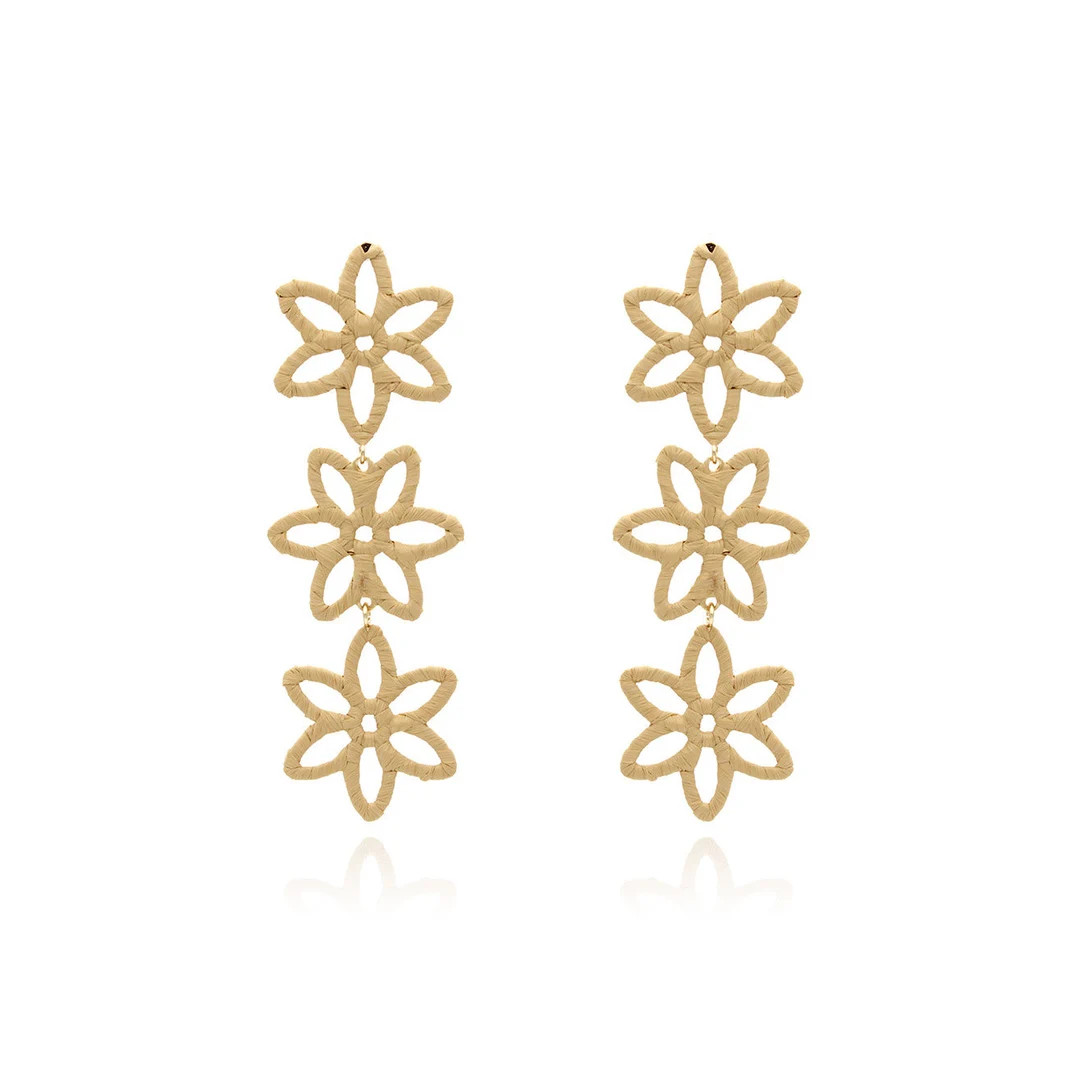 Raffia Flower 3-drop Earrings, Raffia Dangle Earrings, Raffia Drop Earrings, Raffia Flower Earrin... | Etsy (US)