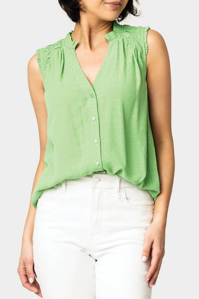 Sleeveless Smocked Yoke Tie Front Blouse | Gibson