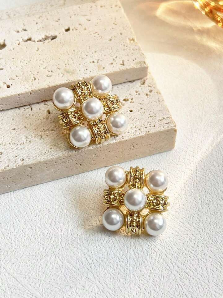 1 Pair French Light Luxury Square Style Faux Pearl Stud Earrings For Women, Daily Wear Earrings | SHEIN