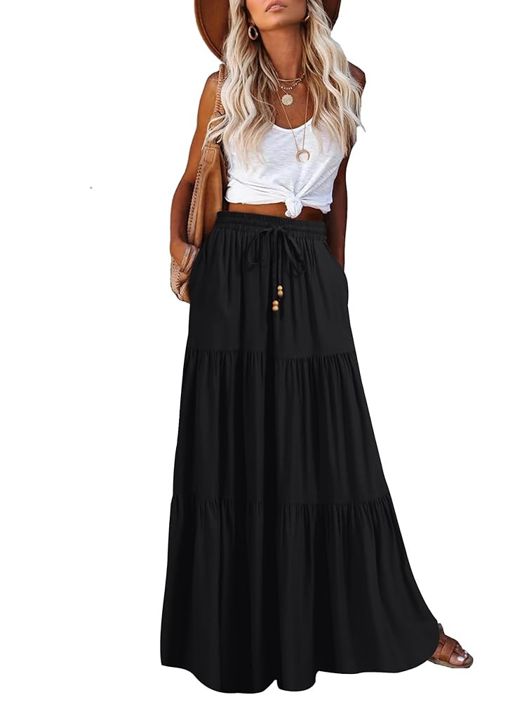 HAEOF Women's Summer Boho Maxi Skirt A-Line Flowy Ruffle Tiered Elastic High Waist Beach Long Ski... | Amazon (US)