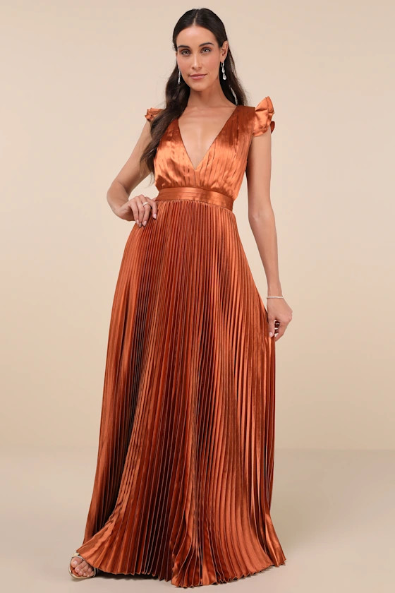 Exceptional Drama Rust Orange Satin Lace-Up Pleated Maxi Dress | Lulus