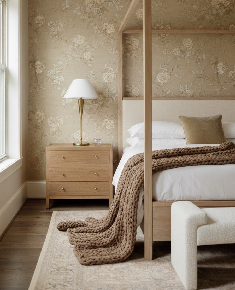 A soft and timeless bedroom corner that feels effortlessly layered and grounded.
The warm floral wallpaper sets a romantic backdrop for this light oak canopy bed, creating a perfect blend of classic charm and modern simplicity. Natural textures shine through — from the chunky knit throw to the boucle bench and brass-accented nightstand lamp.

Every detail contributes to a cozy, elevated aesthetic that feels both refined and inviting — the kind of space made for slow mornings and golden afternoon light.

Shop this look to bring warmth, texture, and timeless comfort into your own retreat. 


#LTKSaleAlert #LTKHome #LTKFindsUnder100