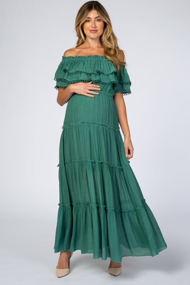 Green Off Shoulder Eyelet Tiered Maternity Maxi Dress | PinkBlush Maternity