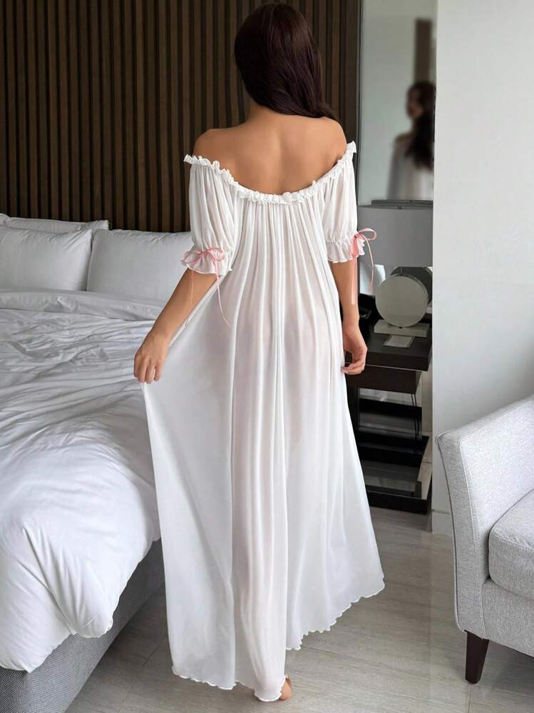 DAZY Charming Sheer Mesh Off Shoulder Ruffle Hem Long Women's Sexy Nightgown Pajama | SHEIN