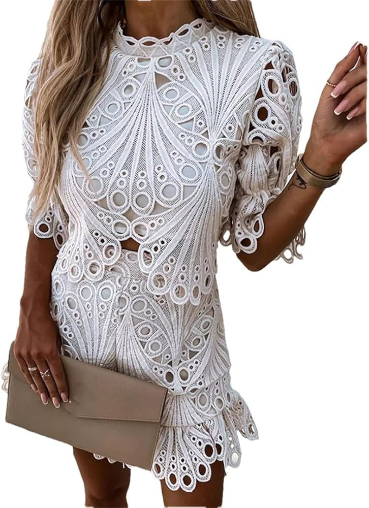 Women Printing Patchwork Solid Color Short Sets Stand Collar Half Sleeve Crop Top and Lace Shorts... | Amazon (US)