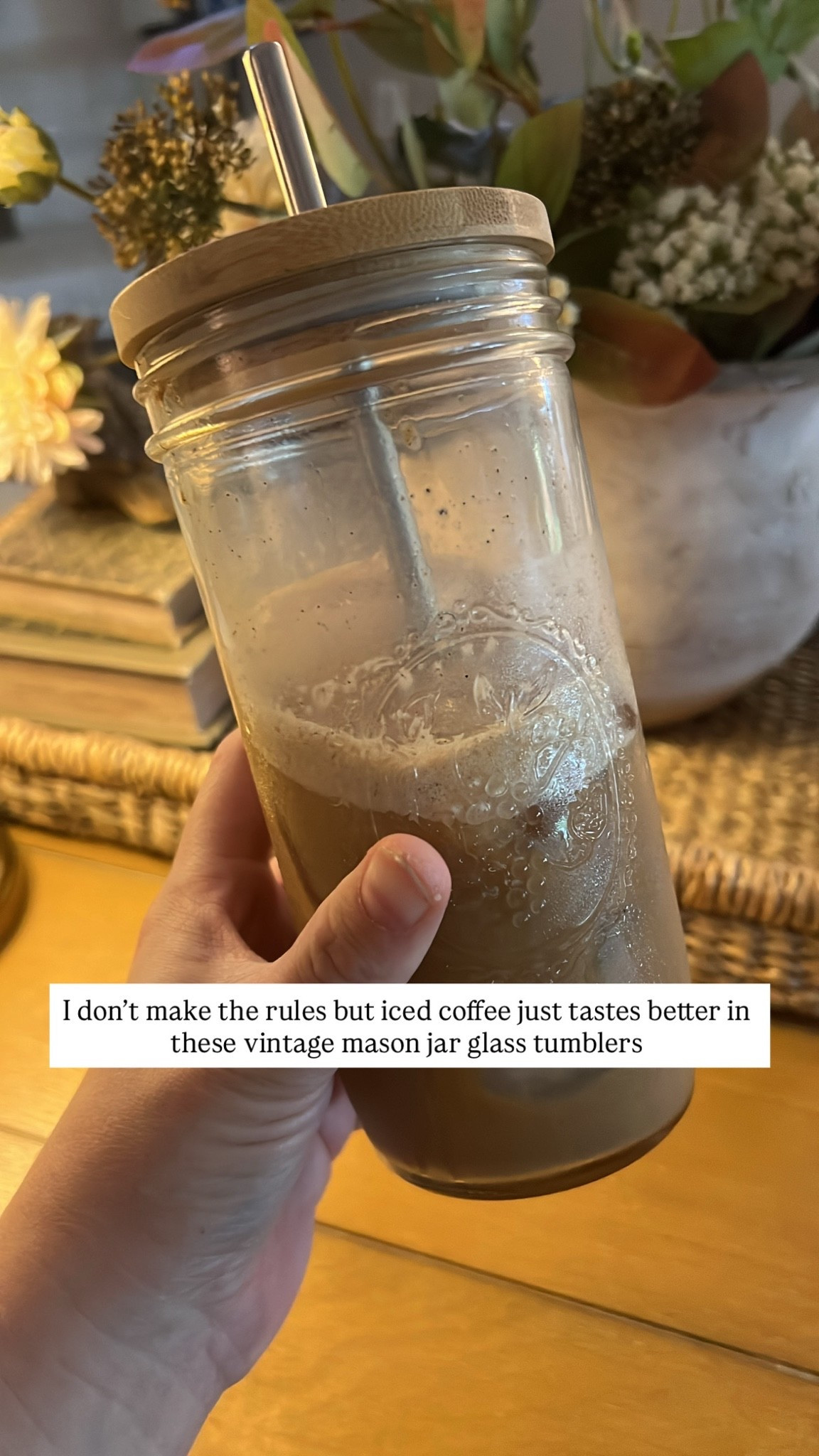 Vintage glass tumbler embossed fruit? Bamboo lid, iced coffee straw